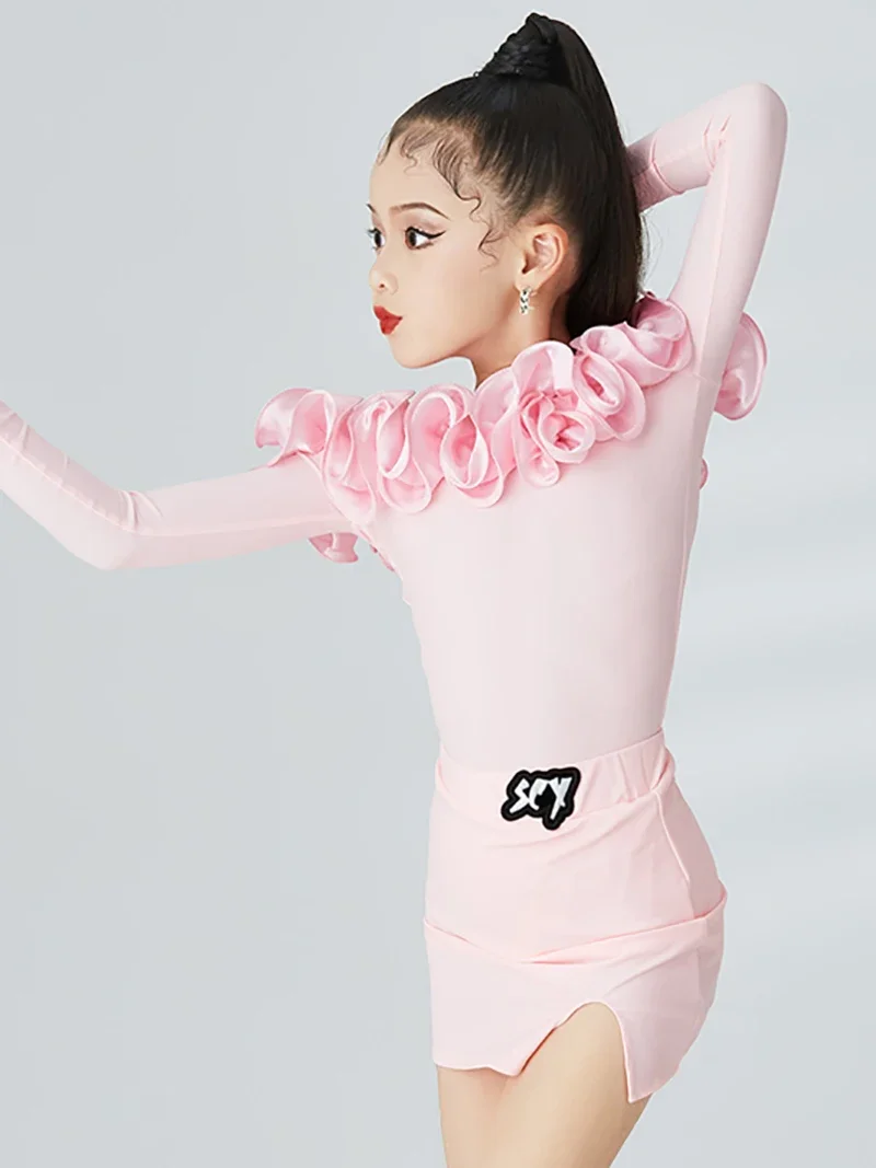 Robe de danse latine professionnelle rose à manches longues pour enfants, body pour filles, jupe, Costume de danse de salle de bal, Costume Chacha