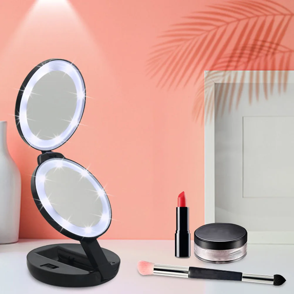 1Pcs Folding Makeup Mirror Black Compact Double-Sided LED Magnifying Pocket Travel Mini Foldable Mirror