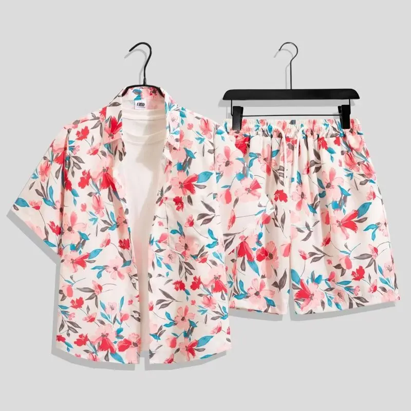 Summer Men's Hawaiian Shirt Set Fashion Loose Casual Handsome Beach Vacation Short Sleeve Flower Shirt Shorts Two Piece Set