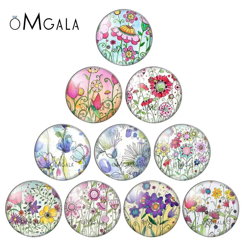 Colorful Art Drawing Flowers Patterns 10mm/12mm/16mm/18mm/25mm Round Photo Glass Cabochon Demo Flat Back Making Findings