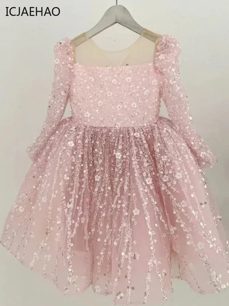 ICJAEHAO Children Birthday Evening Party Matching Girls Elegant Shinny Sequin Princess Ball Gown Long Sleeve Formal Dresses Kids