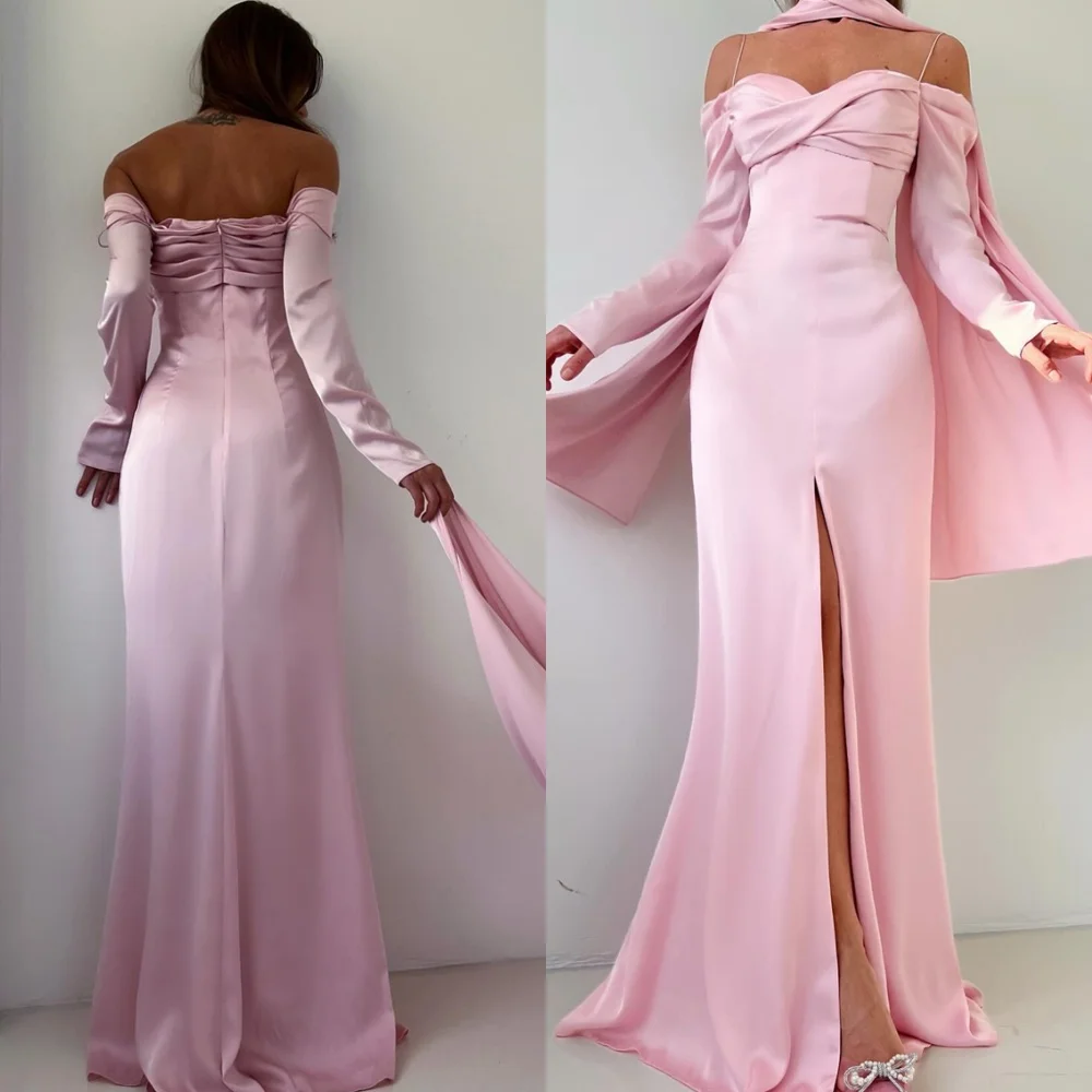 

Customized Modern Pink Satin Evening Dress Exquisite Strapless Long Sleeves Homecoming Dresses Fashion Special Occasion Gowns