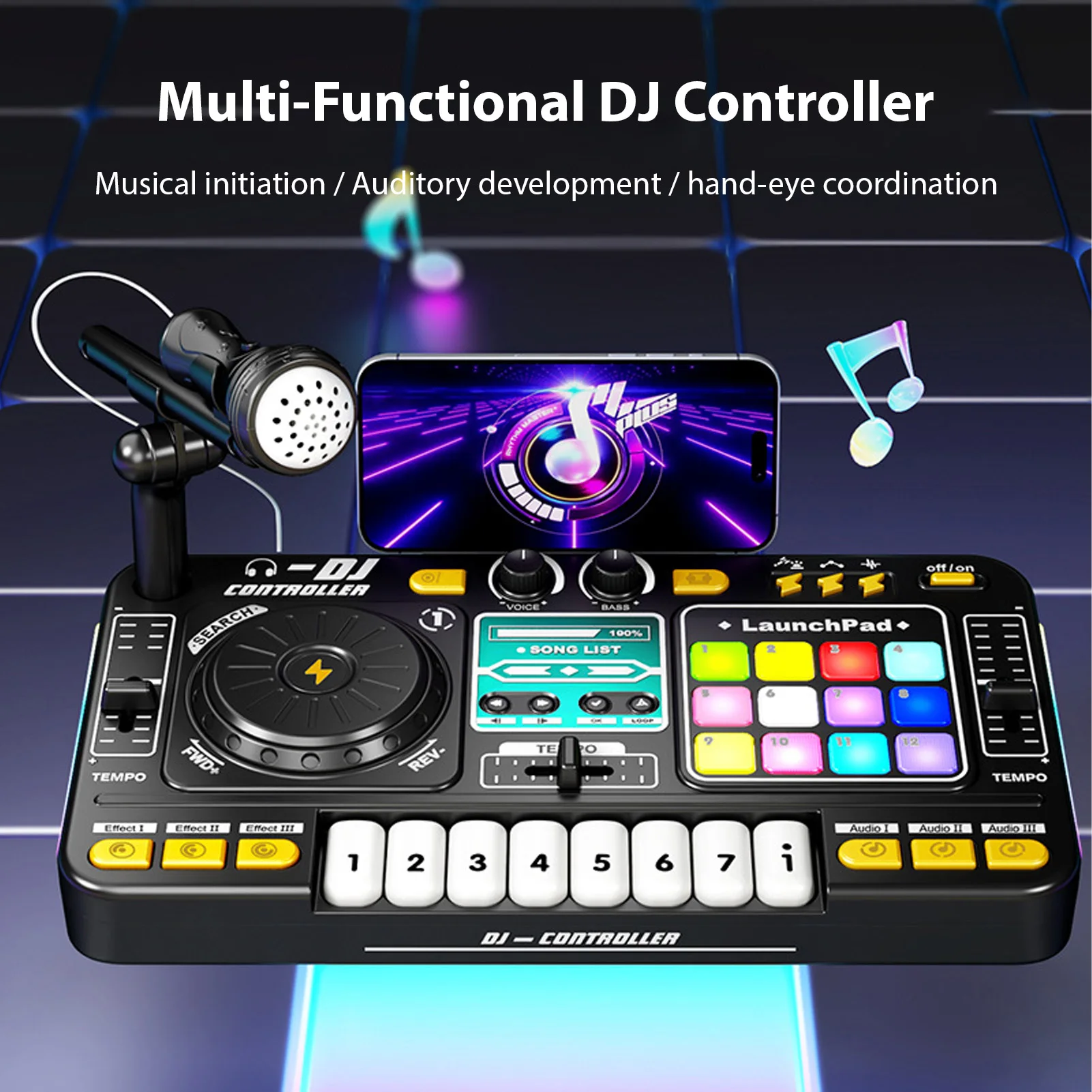 

DJ Controller for Kids DJ Disc Player Electronic Keyboard BT DJ Mixer Table with Adjustable Microphone Dynamic Lighting Effects