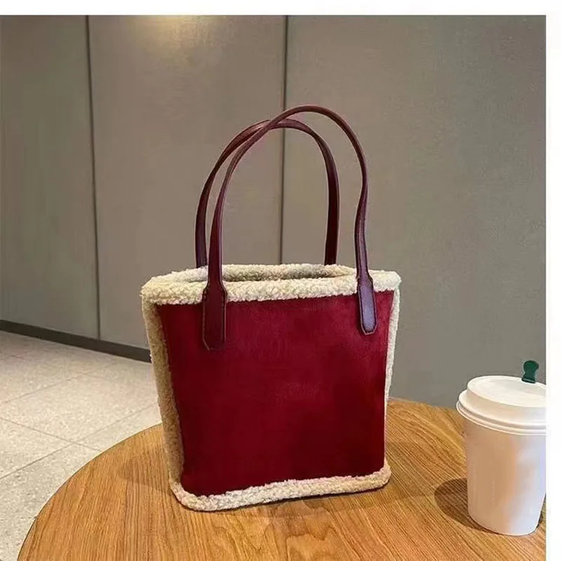 Vintage Wine Red Lamb Hair Composite Bag 2023 New Ladies Large Capacity Matte Suede Water Bucket Bags Casual Fashion Handbag