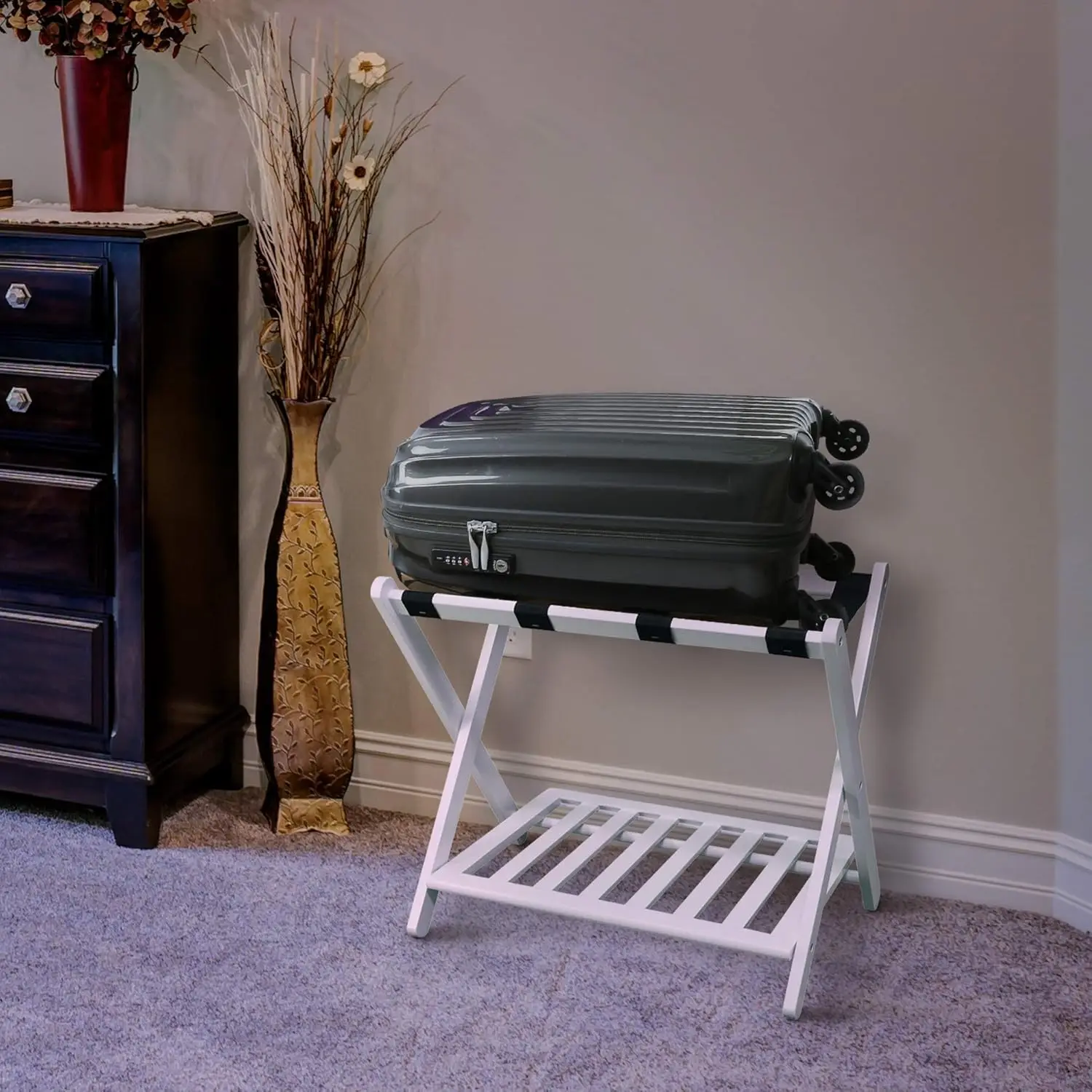 

Shelf-White Luggage Rack, 26.75" Wide luggage rack for Bedroom, Hotel, Foldable Steel Frame, Guest Room Bedroom Hotel
