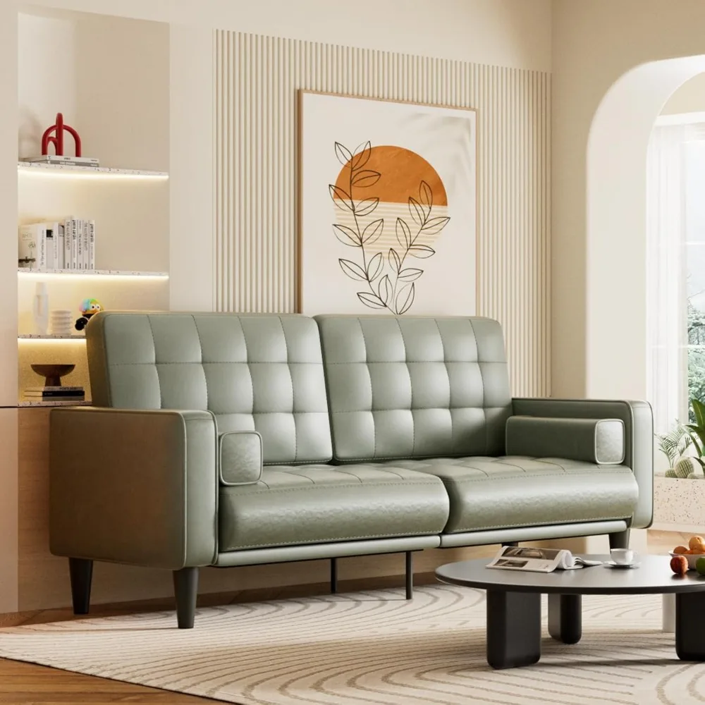 

70” Mid-Century Modern Couch, Breathable Faux Leather Couch with Upholstered Cushions/Pillows, Loveseat Sofas & Couches