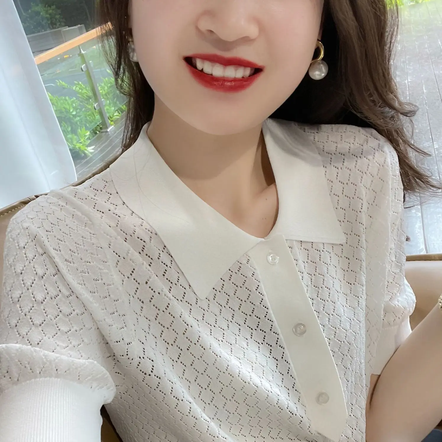 New Style Simple Casual Polo Style Refreshing Diamond Hollow POLO Short-sleeved Knitted T-shirt