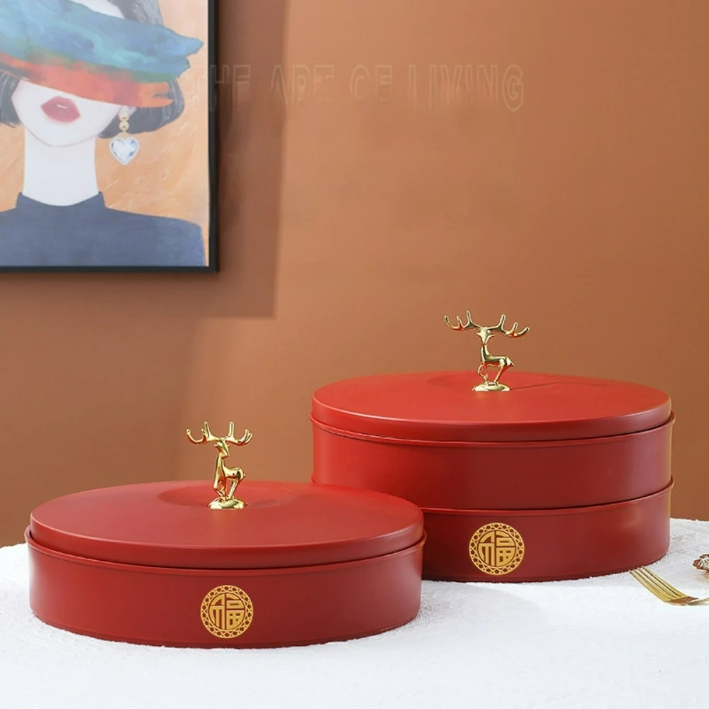 Home furnishing  red rotatable fruit storage box with lid compartment Snack tray Fruit candy tray set Deluxe fruit tray