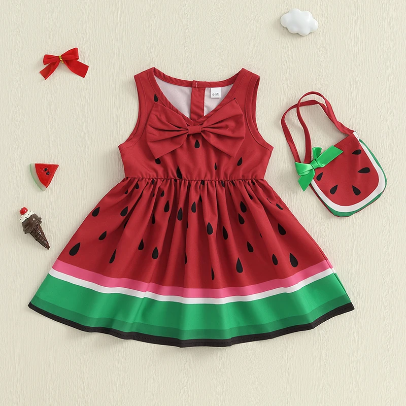 

Toddler Baby Girl Watermelon Dress Bow V Neck Sleeveless Ruffle Tank Dress with Handbag 2 Piece Summer Outfit