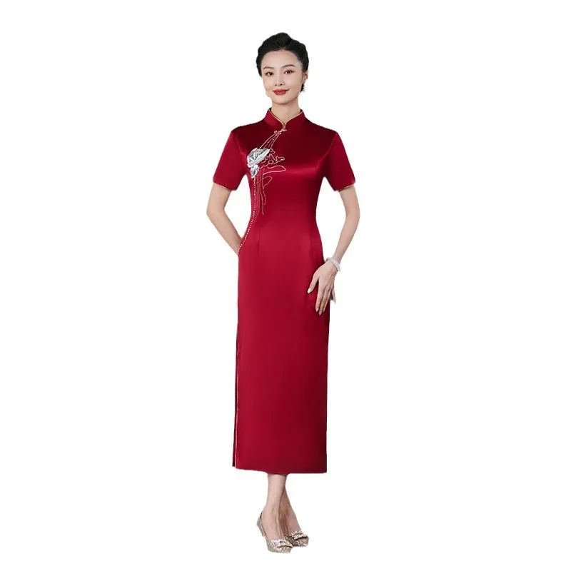 Yourqipao-vestido chinês tradicional de qipao, manga curta, cheongsam longo, mãe da noiva, vestido de baile, vestido para convidados, 2024