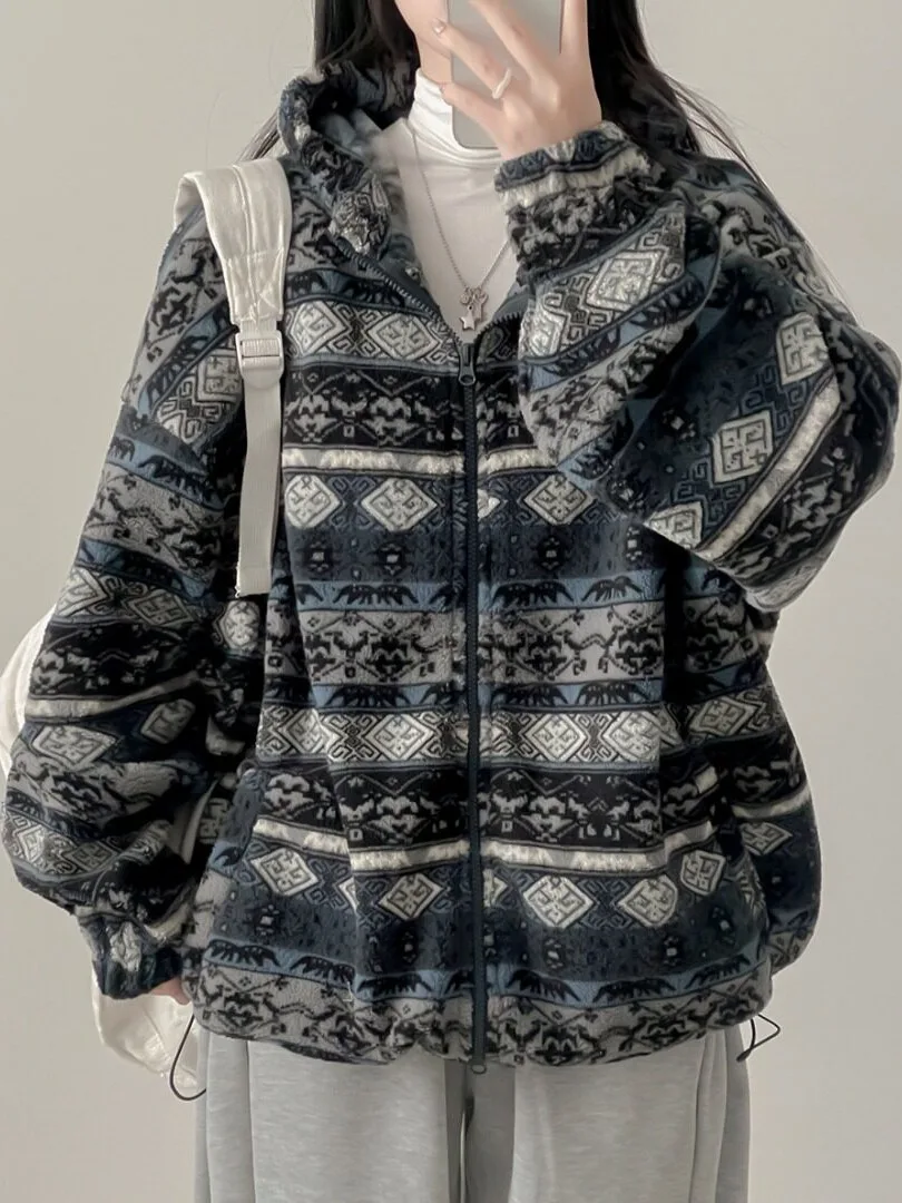Chic Commuter Fair Isle Windproof Hooded Double Zipper Jacket Korean Style Regular Fit Medium Softness Online Exclusive