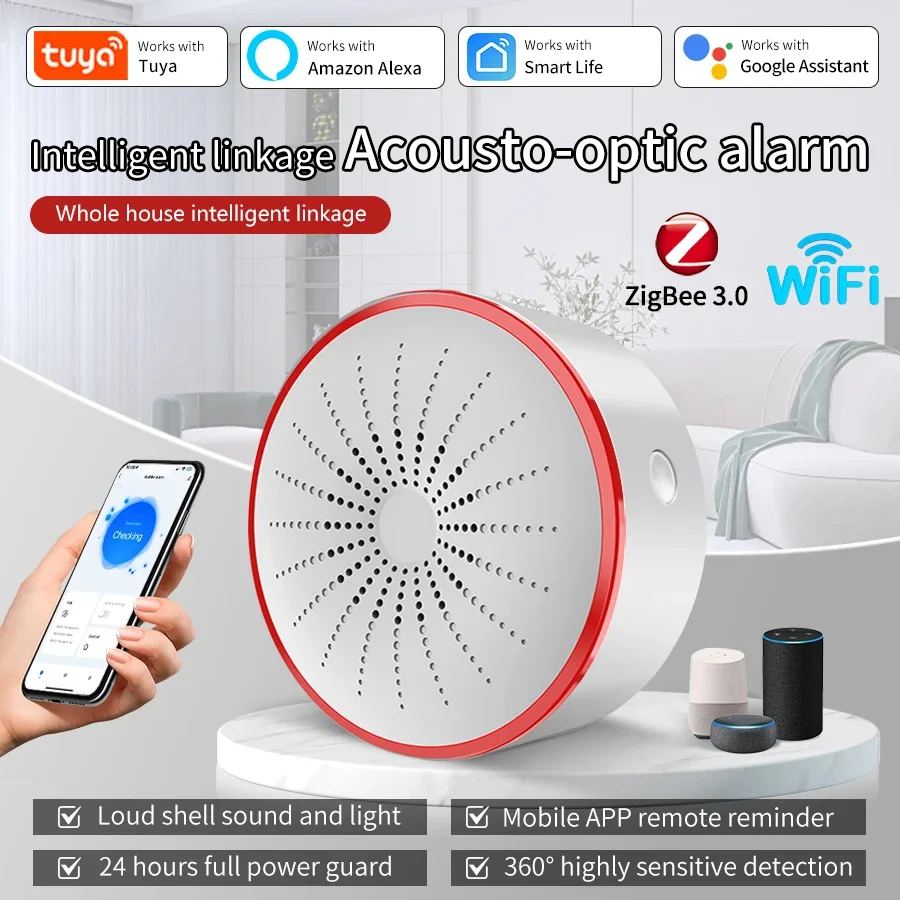 

Tuya Zigbee WiFi Smart Alarm Sensor Smart Home Sound And Light Alarm Sensor Detector USB Powered Works With Alexa Google Home