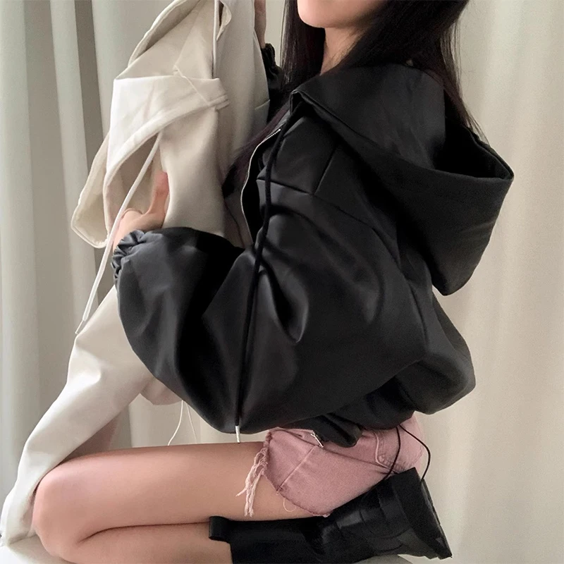 Chic Autumn Faion Women's ort PU Leather Jaet Hooded Dstring Long Sve Retro Sle Casual Outerwear Coat
