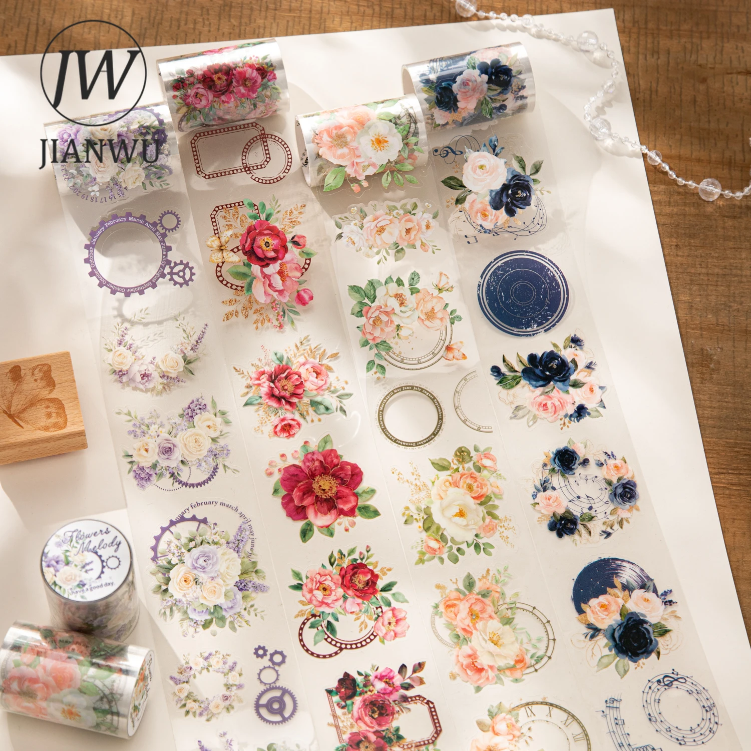 JIANWU Flower Memody Series Vintage Floral Gear Border Landscape Material Collage Scrapbook PET Tape Creative Journal Stationery
