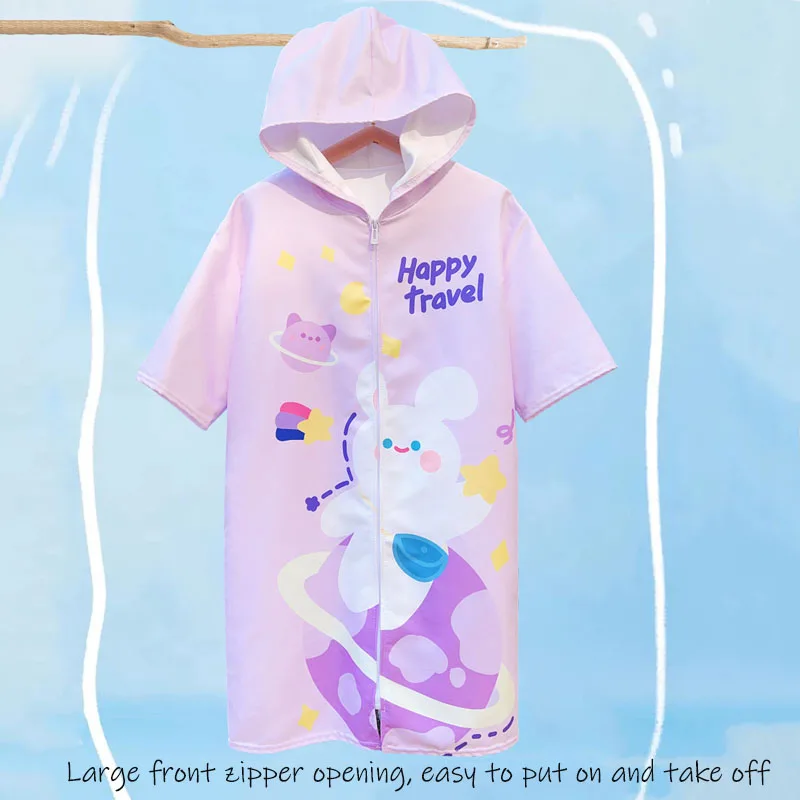 Children's Hooded Short Sleeve Bathrobe, Print Zipper, Quick-Drying, Absorbent Bath Towels, Soft Comfortable Beach Clothes