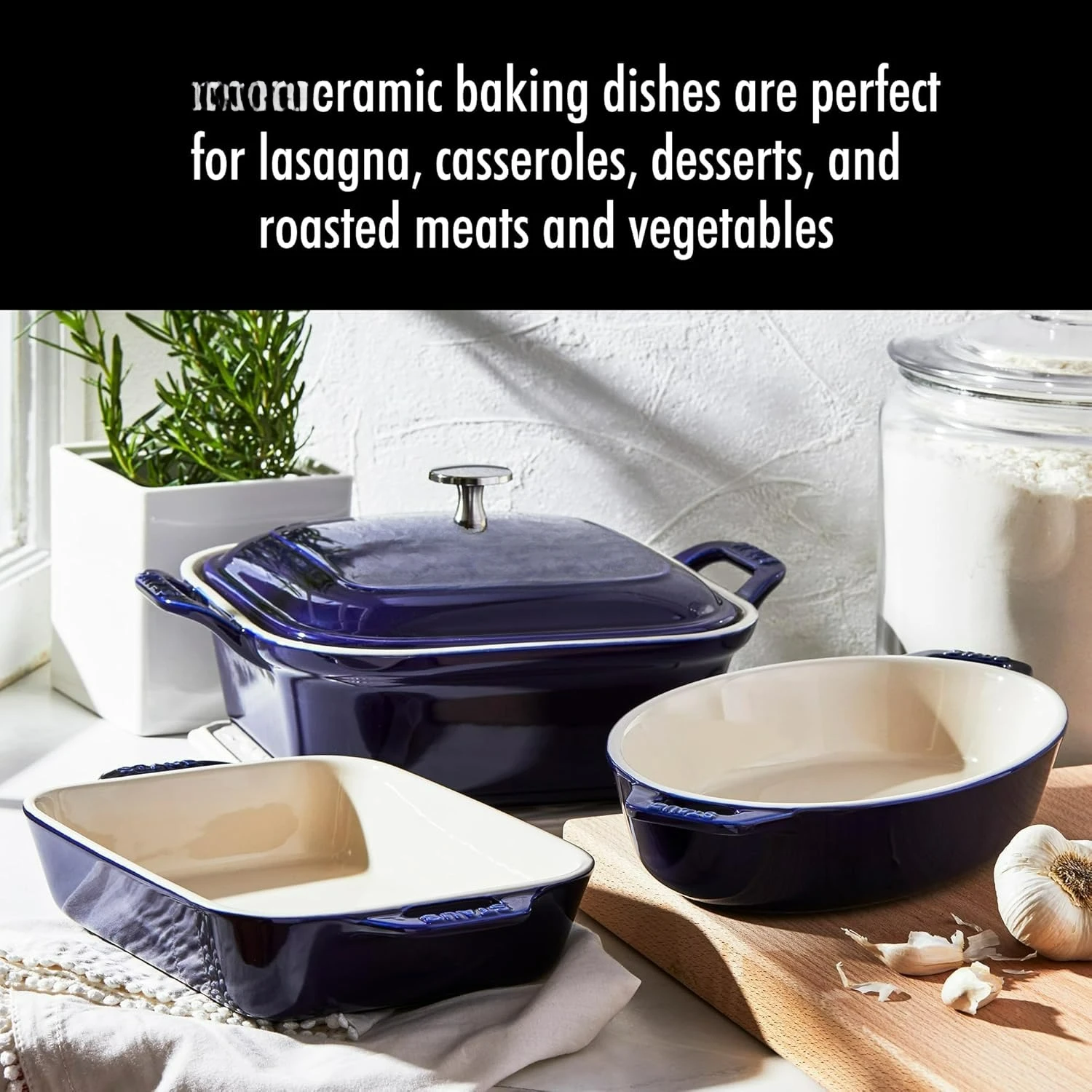 Staub Ceramics 4-pc Baking Pans Set, Casserole Dish with Lid, Brownie Pan, Dark Blue