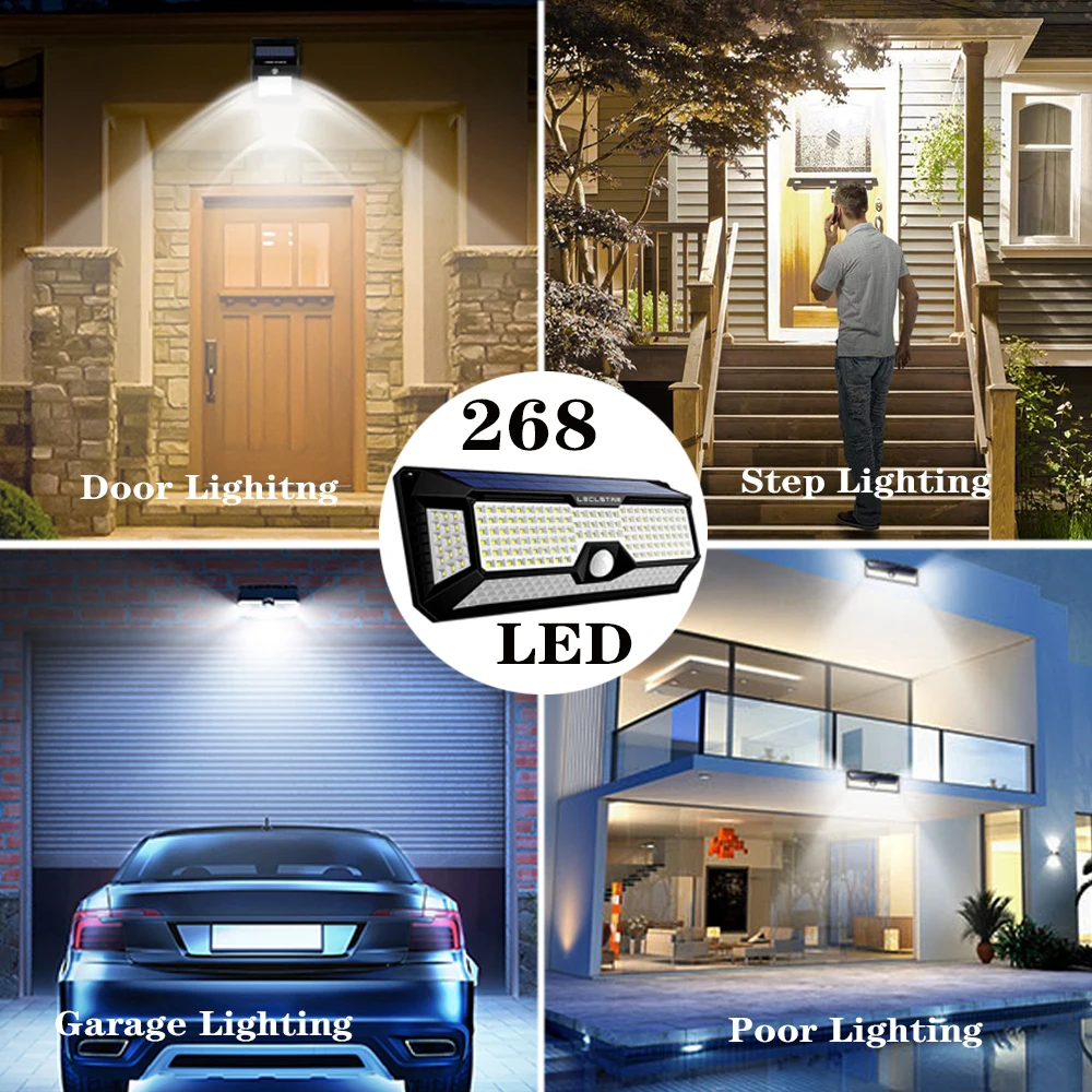 Solar Outdoor Lights 268 LED Security Lights, 4 Wide Angle, Motion Sensor Lights, IP65 Waterproof Wireless Flood Wall Lights