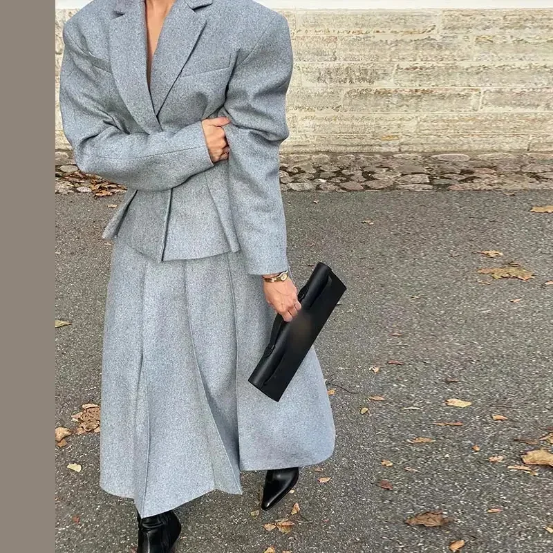 Fashion Solid Pleated Skirt Suit Women Elegant Stand Collar Full Sleeve Coat Loose Pleated Long Skirts Set 2024 Fall Lady Outfit