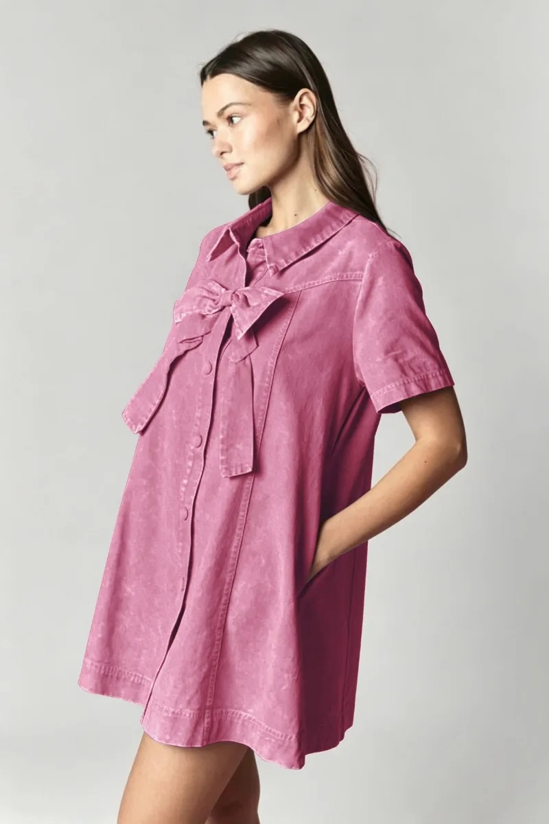 Lässiges Sommer-Denim-Minikleid für Damen in Pink, Elegantes 2026 Neues Vintage-Kleid mit Schleifendekoration, Kragen und Kurzen Ärmeln, Lockeres A-Linien-Kleid – Detail 5