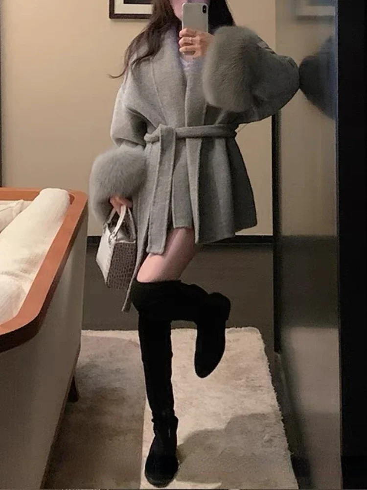

2024 Winter Double-sided Elegant Wool Coat Women Belt Fluffy Vintage Warm Jackets Female Korean Fashion Design Casual Clothes