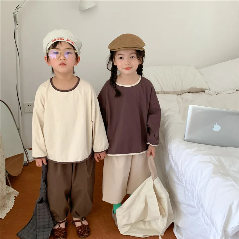 

2023 Spring New Korean Children's Loose Fit Long Sleeve T Shirt for Boys and Girls with Bound Fashion Round Neck T-shirt