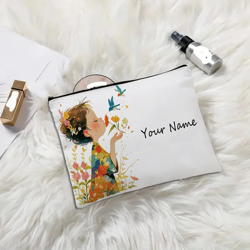 Personalized Name Canvas Makeup Bag, Cartoon Girl Print Cosmetic Pouch, Custom Travel Toiletry Zipper Organizer for Women Gift