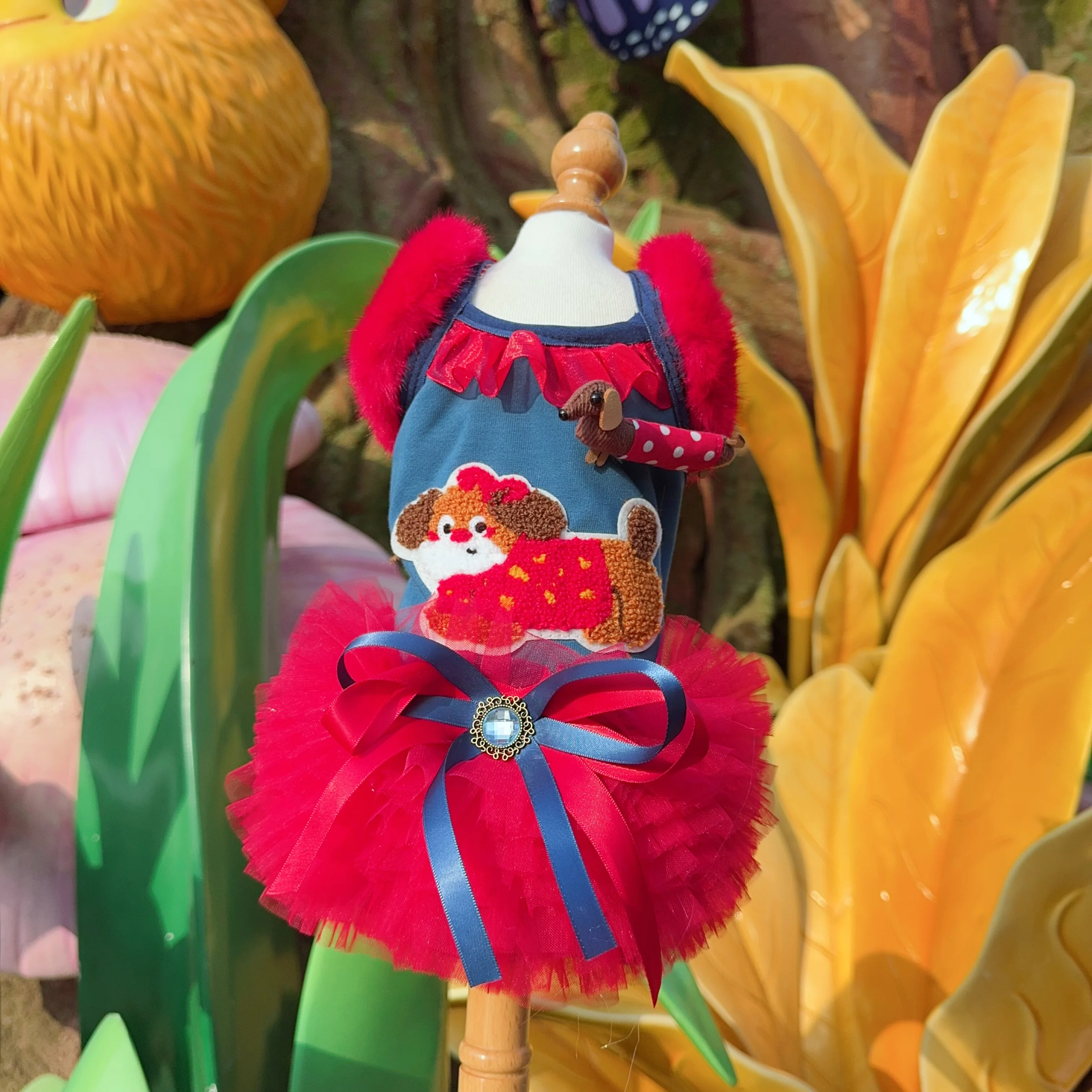 

Милое платье-жилетка для собак с принтом щенков, зимнее, теплое, хлопковое, красно-синее, с кружевом, ручной работы, для маленьких и средних собак, юбка для щенков, для мальтезе