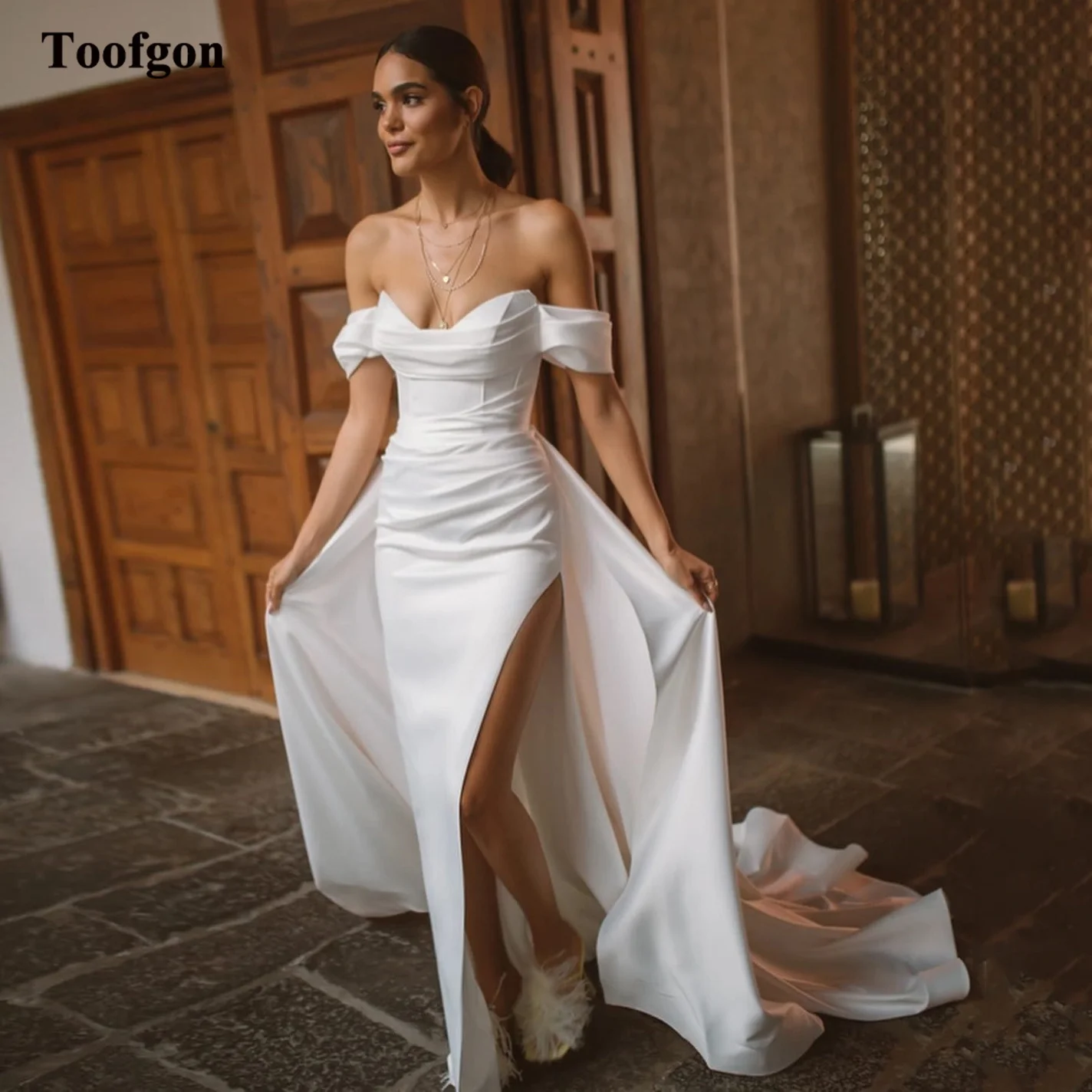 

Toofgon Mermaid Satin Bride Wedding Dresses Bridal Gowns With Over-skirt Leg Slit Formal Wedding Party Gowns robes de mariée