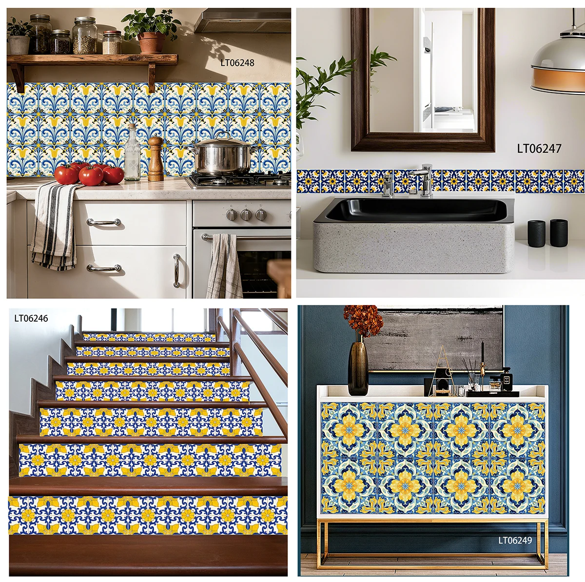 Mediterranean Blue Yellow Floral Tile Decals Oilproof Self Adhesive Stickers For Kitchen Stair Skirting Board Cabinet Wall Decor