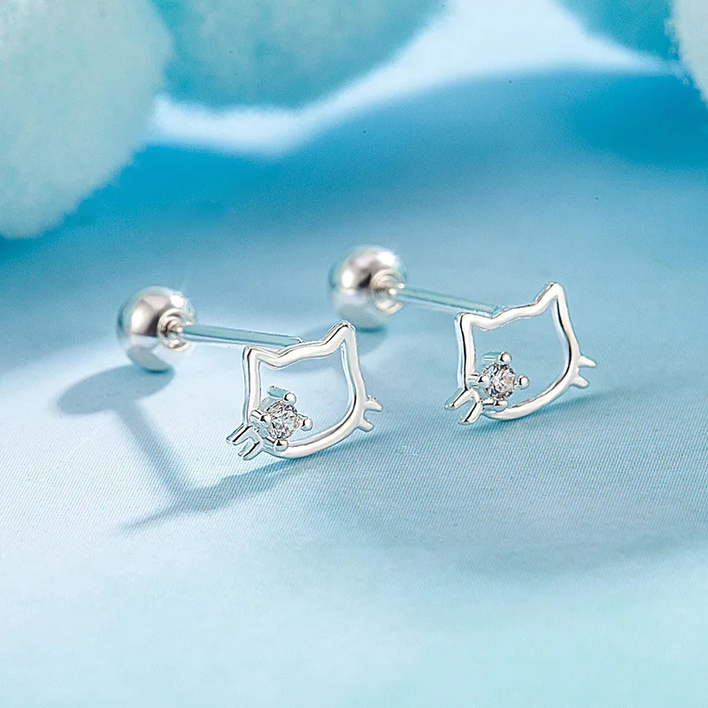 Real Money 925 Sterling Silver Simple Cute Kitty Screw Stud Earrings for Women Girls Party Jewelry Gift Pendientes Mujer Moda