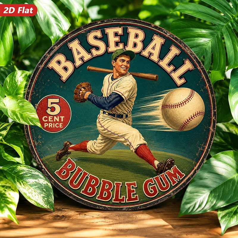 2D Flat, 1pc Vintage Baseball Player Round Metal Sign Wall Art, Home Decor, Baseball Bubble Gum Theme, Retro Sports Illustration