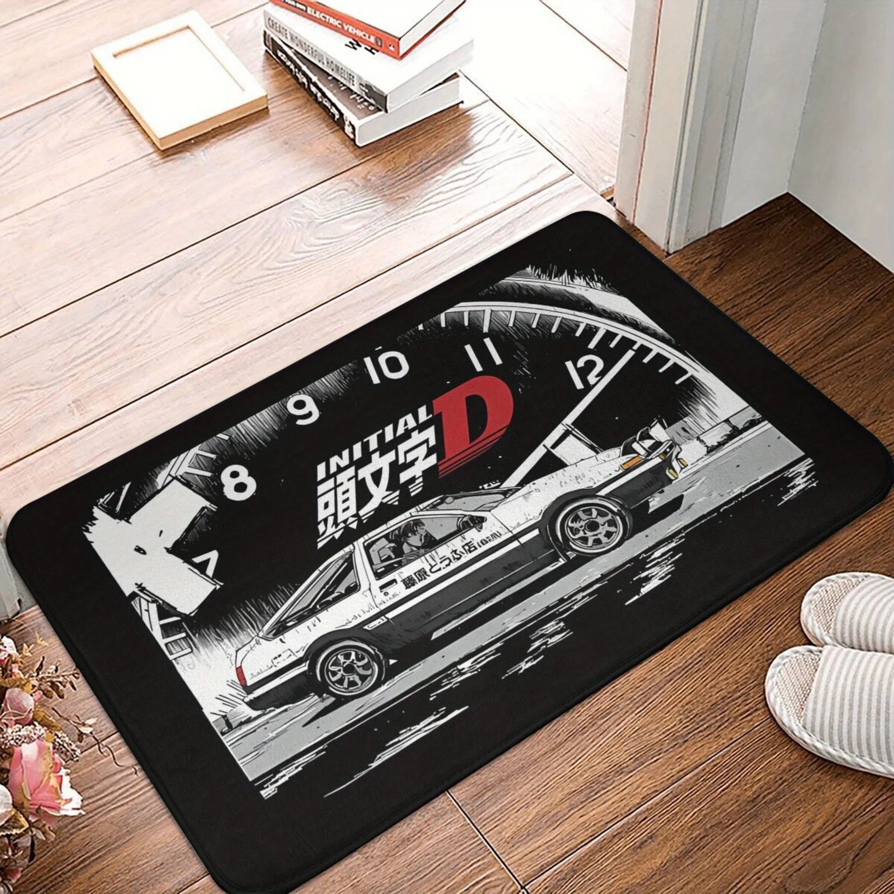 Initial D Car Design Doormat – Machine Washable, Black & White Automotive Rug for Bathroom, Bedroom