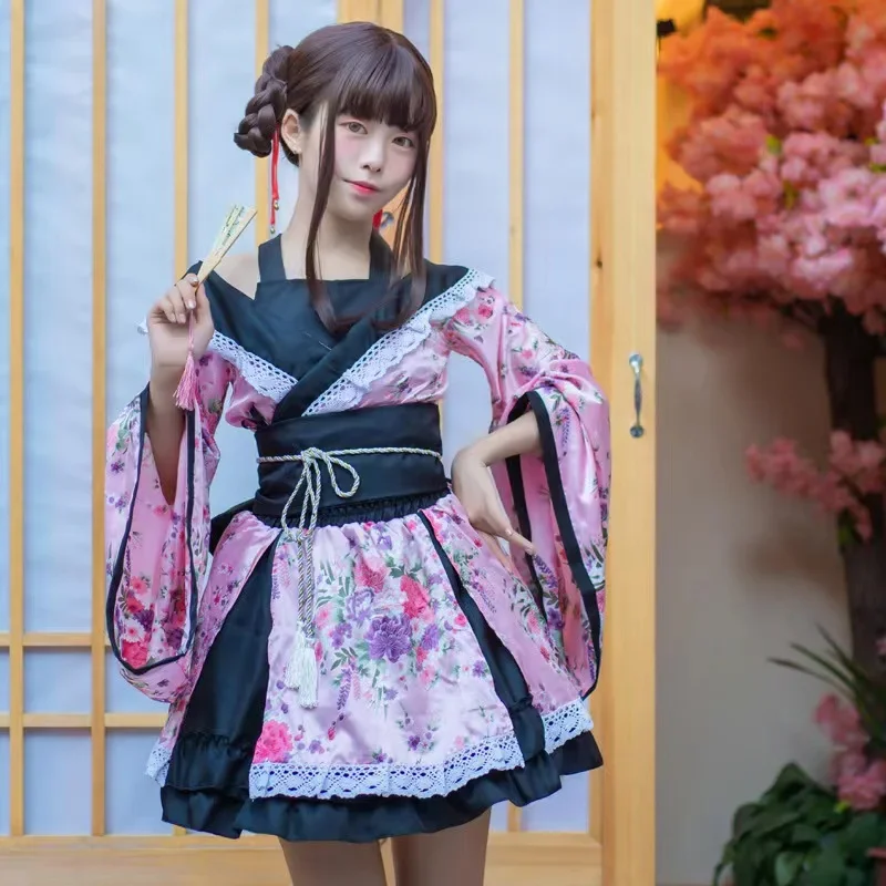 Disfraz de Lolita japonés tradicional para mujer, vestido Kimono de Anime, Sakura Girl, Haori, traje de escenario para fiesta