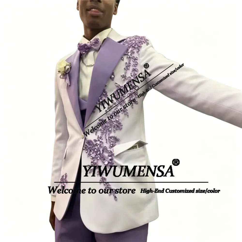 

Luxury Beaded Crystals Suits Men For Wedding 2026 Purple Label Prom Blazer Customized Single Breasted Jacket Pants 2 Piece Sets