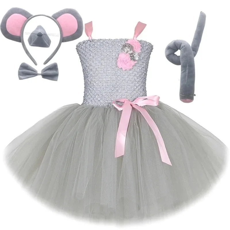 Grey Mouse Cartoon Animal Tulle Tutu Dress Fluffy Mesh Princess Skirt Girls Cute Rodent Themed Outfit for Kids Party Festival