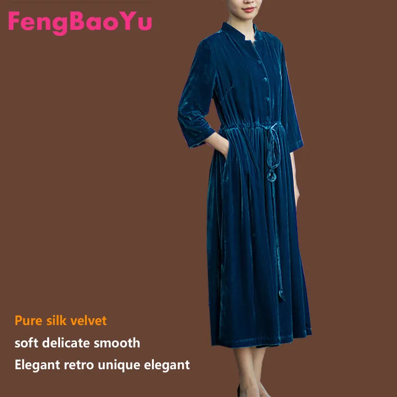 Fengbaoyu Silk Velvet Spring Autumn Lady Seven-minute Sleeve Collar Dress Retro Style Elegant Long Dress Large Size Weight 100KG