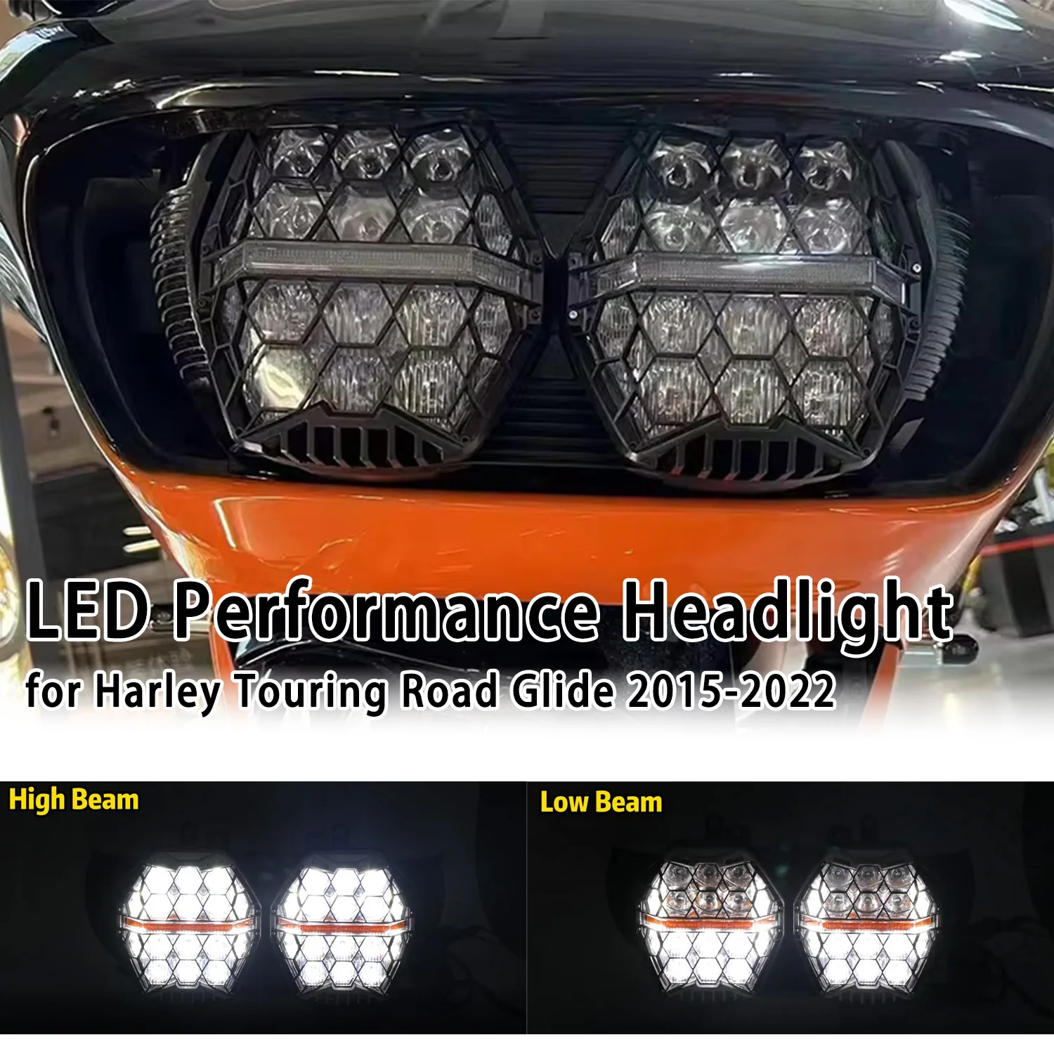 Motorcycle Parts LED Performance Headlight High Low Beam Amber DRL for Harley Touring Road Glide FLTR 2015-2022 Black Light
