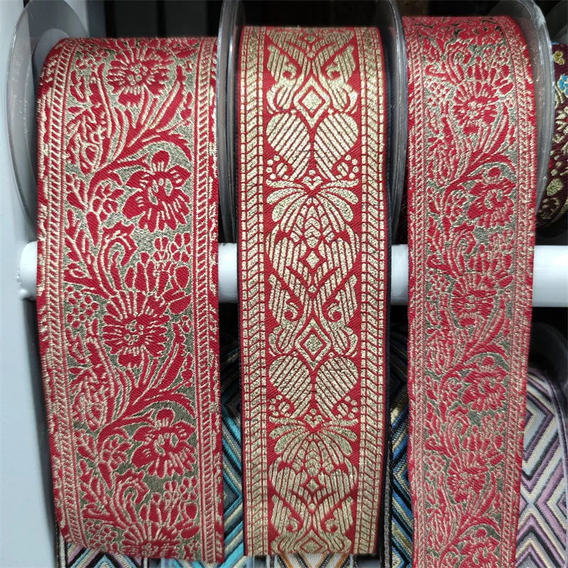 Red Flowers Gold Thread Lace Trim Jacquard Ribbons For Bag clothing