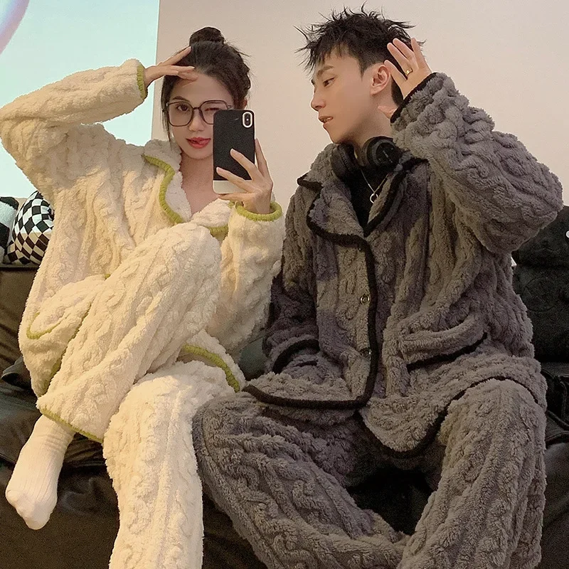 

Autumn Winter New Couple Pajamas Men's Coral Fleece Thickened Padded Warm Pajamas Women's Autumn Winter Facecloth Homewear Suit