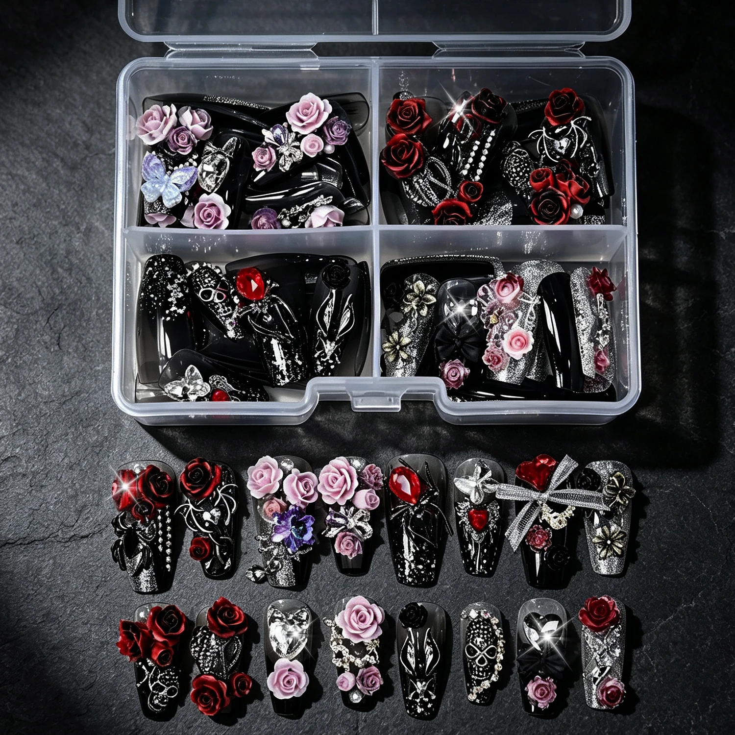 96PCS Luxury Fake Nails Coffin Black Sliver Gradient Glitter With Red Pink Rose Bow Rhinestone, Heavy‑Duty Decor Press On Nails