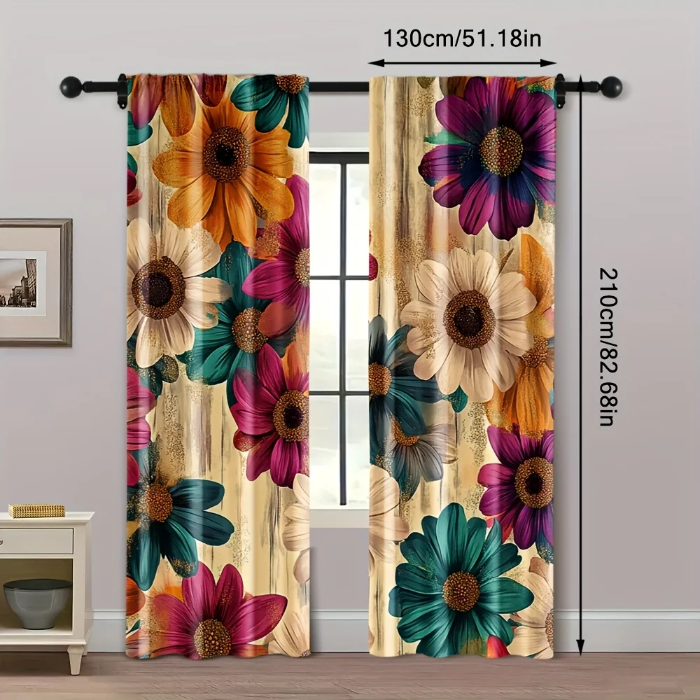 2 Panels Vintage Floral Curtains Retro Daisy Print Drapes Colorful Flower Window Treatment for Living Room Bedroom Home Decor