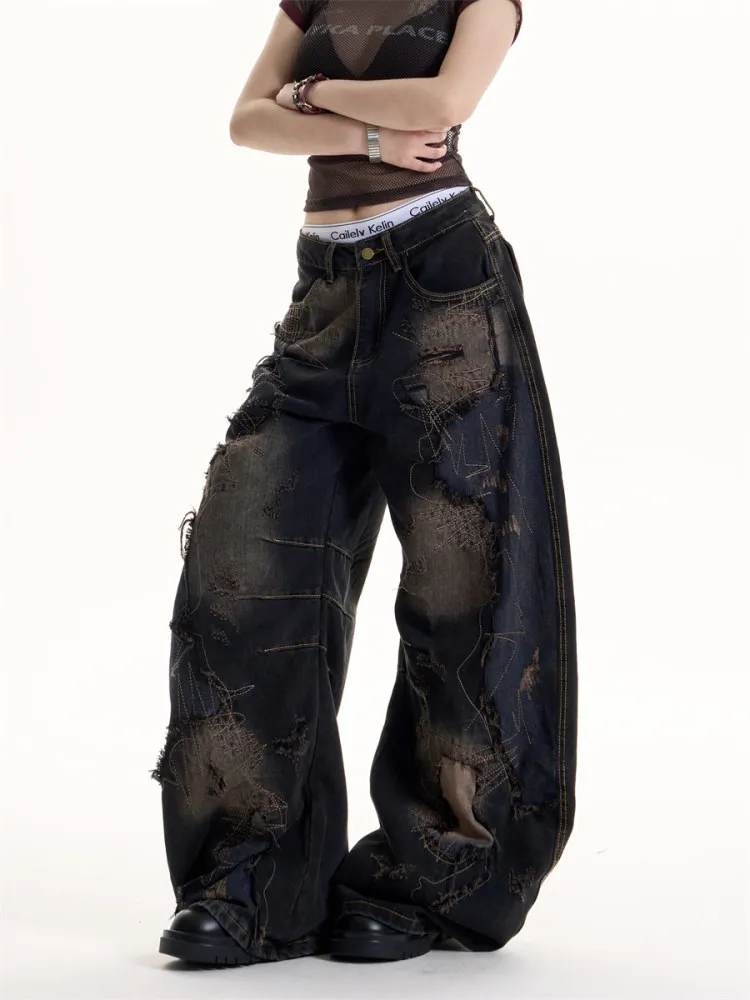American High Street Style Black Tie Dye Hole Denim Pants Casual Loose Slimming Wide Leg Jeans for Men And Women