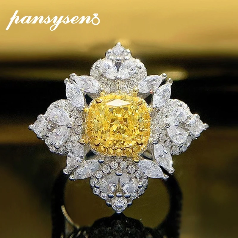 

PANSYSEN 1CT 6x6MM Citrine High Carbon Diamond Gemstone Solid Silver 925 Fine Jewelry Wedding Engagement Ring Luxury Women Gift