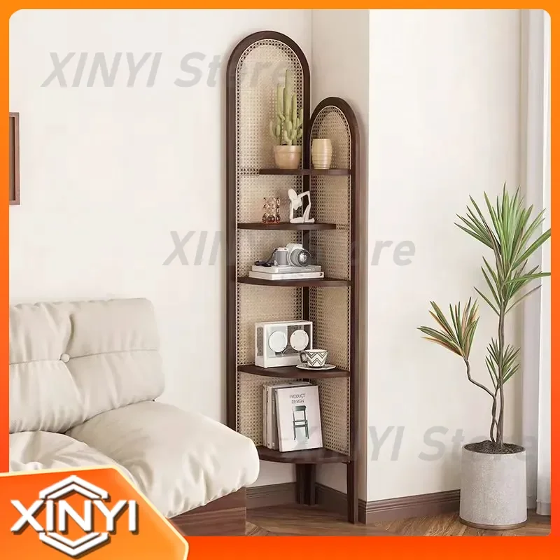 Chinese Retro Solid Wood Rattan Corner Cabinet Shelf for Living Room Sofa Wall Bookcase Triangular Drop Storage Cabinet