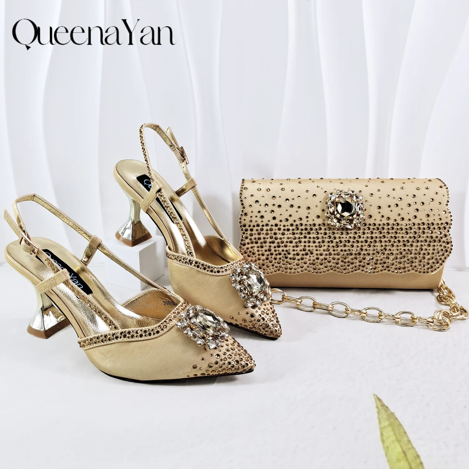 Hot sale Gold Color Party Satin Pointed Pumps Large Gem Ornament Rhinestone For Bridal Luxury Matching High Heels and Bag Set