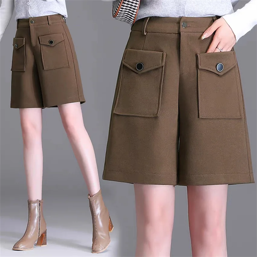Gowyimmes Autumn Winter Big Size Casual Women Solid A-line Woolen Shorts Lady High Waist Wide Leg Shorts Girl Streatwear PD1825