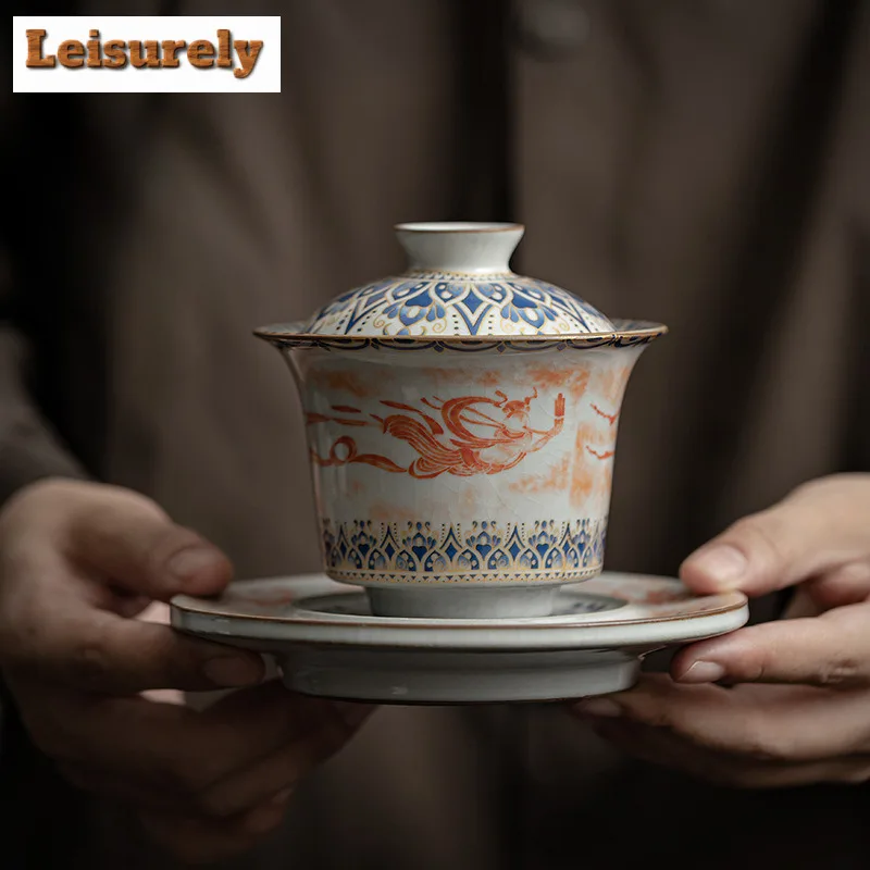 170ml Imitation Song Ru Kiln Gaiwan Traditional Dunhuang Apsaras Horseshoe Tea Tureen Tea Making Cover Bowl Teaware Craft Gifts