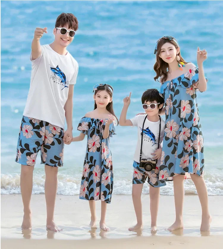 Family Matching Outfits Flowers Print Summer Couple Clothes Men Boys Cotton Short Sleeves T shirt Pants Women Girls Dress SA1389