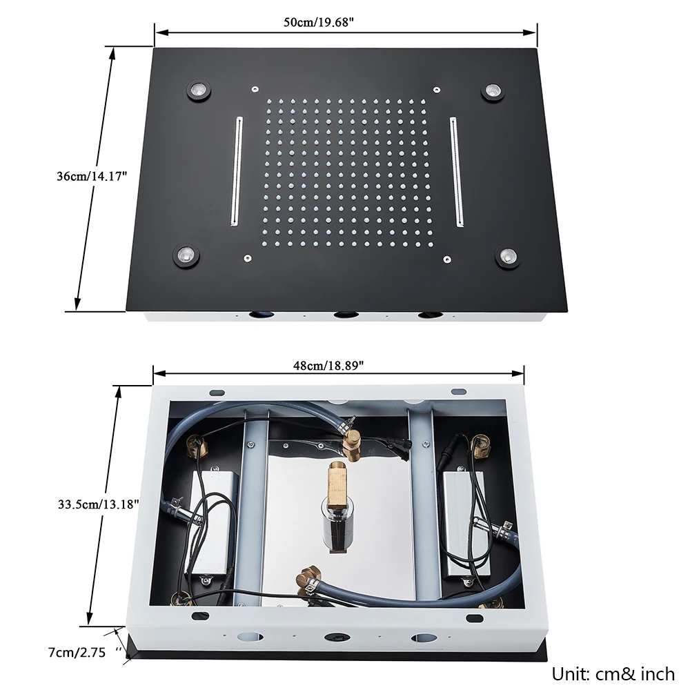 304SUS Ceiling Mounted Hidden Concealed Shower Heads LED Shower Head Large Size Rain and Waterfall for Bathroom Shower