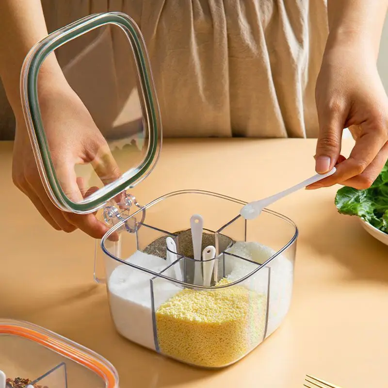 4 Grids Seasoning Box Multifunctional Kitchen Spice Container Set Household Salt Sugar Pepper Condiment Storage Organizer Spoons